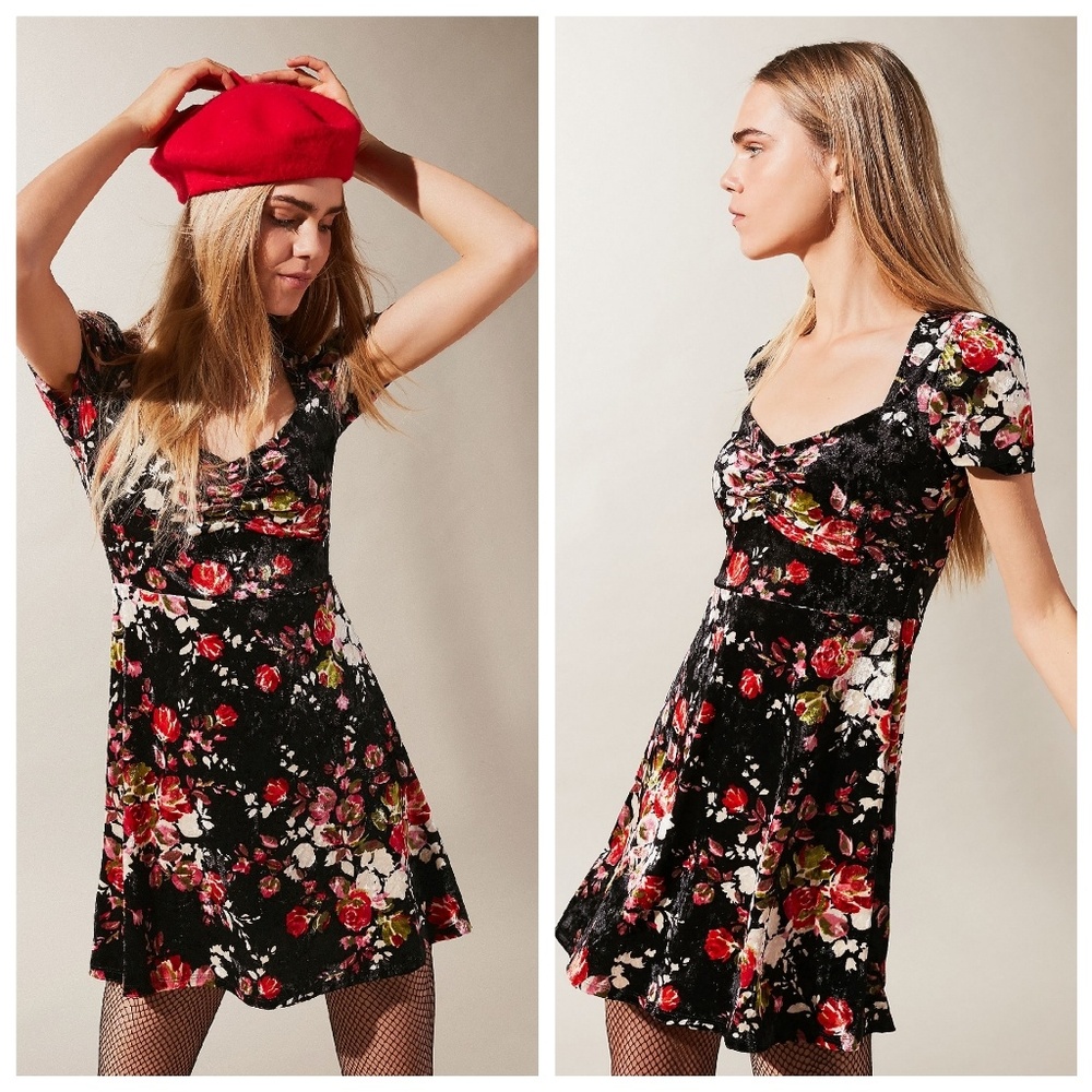 Floral Crushed Velvet Mini Dress XS - Urban Outfitters Dead Stock